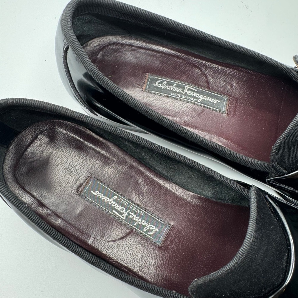 Salvatore Ferragamo Mens 10.5 Black Patent Leather Grosgrain Formal Loafers - Picture 7 of 9